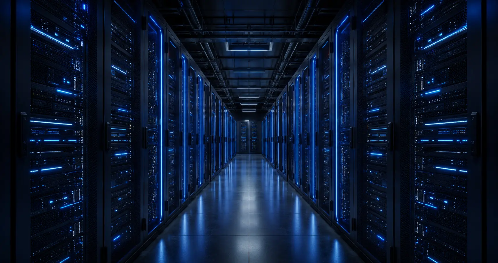 Modern server room illuminated in electric blue
